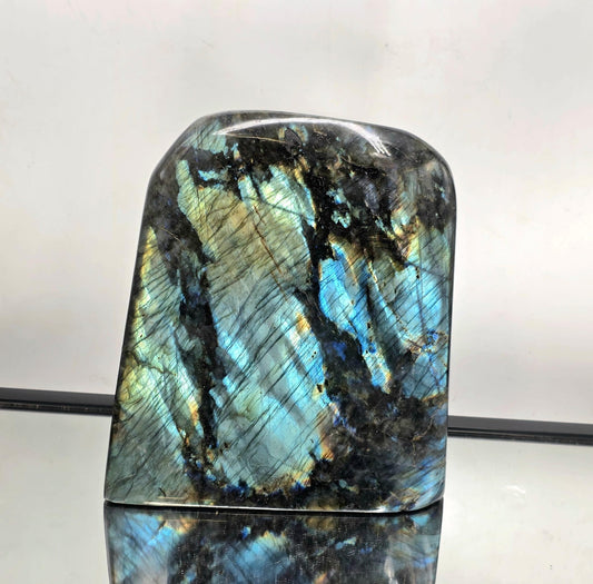 Extra-large Labradorite crystal freeform, fully polished with vivid blue and green flashes – premium display piece.