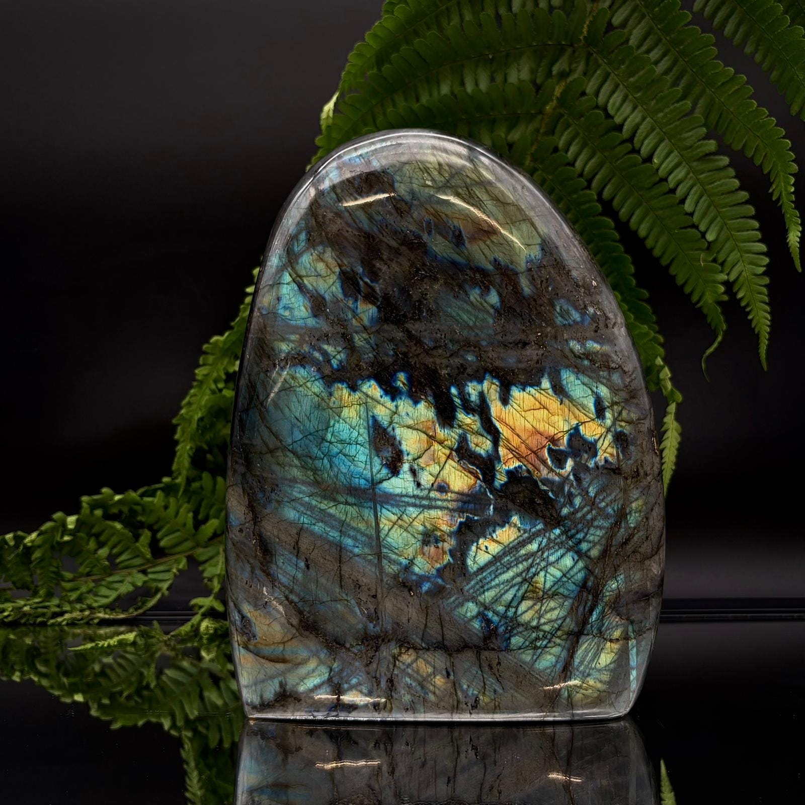 XL labradorite freeform from Madagascar, hand carved and polished as a natural crystal display stone.