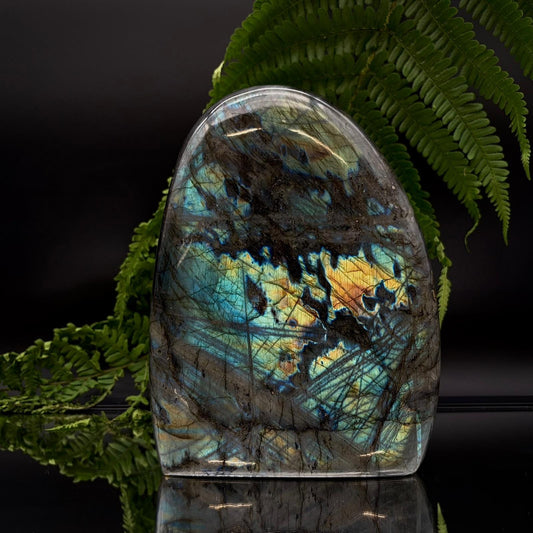 XL labradorite freeform from Madagascar, hand carved and polished as a natural crystal display stone.