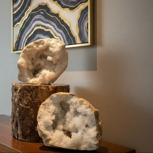 Front view of an XL natural quartz crystal geode pair from Morocco with sparkling quartz crystals.