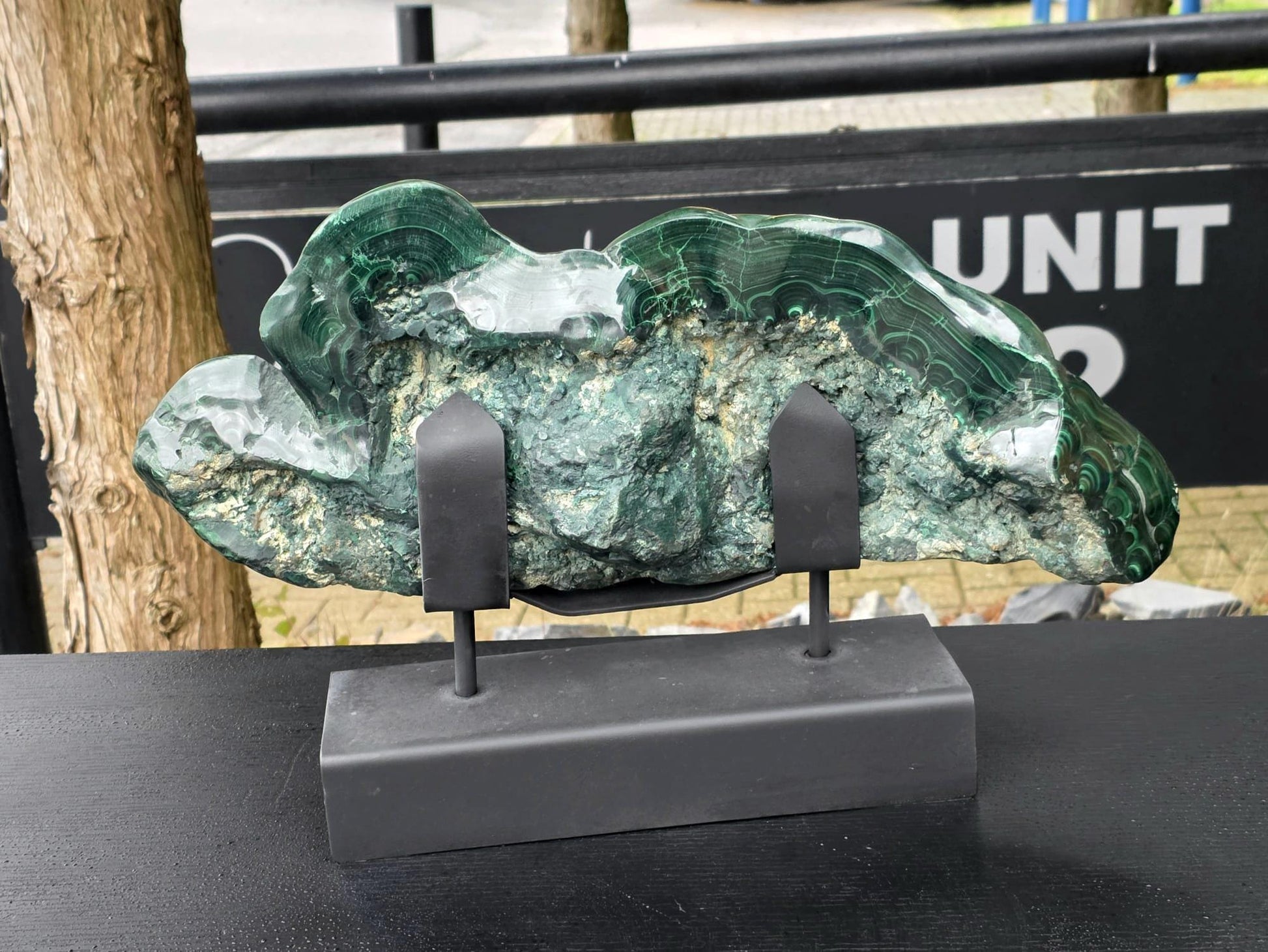 XL polished Malachite crystal styled in modern luxury interior décor