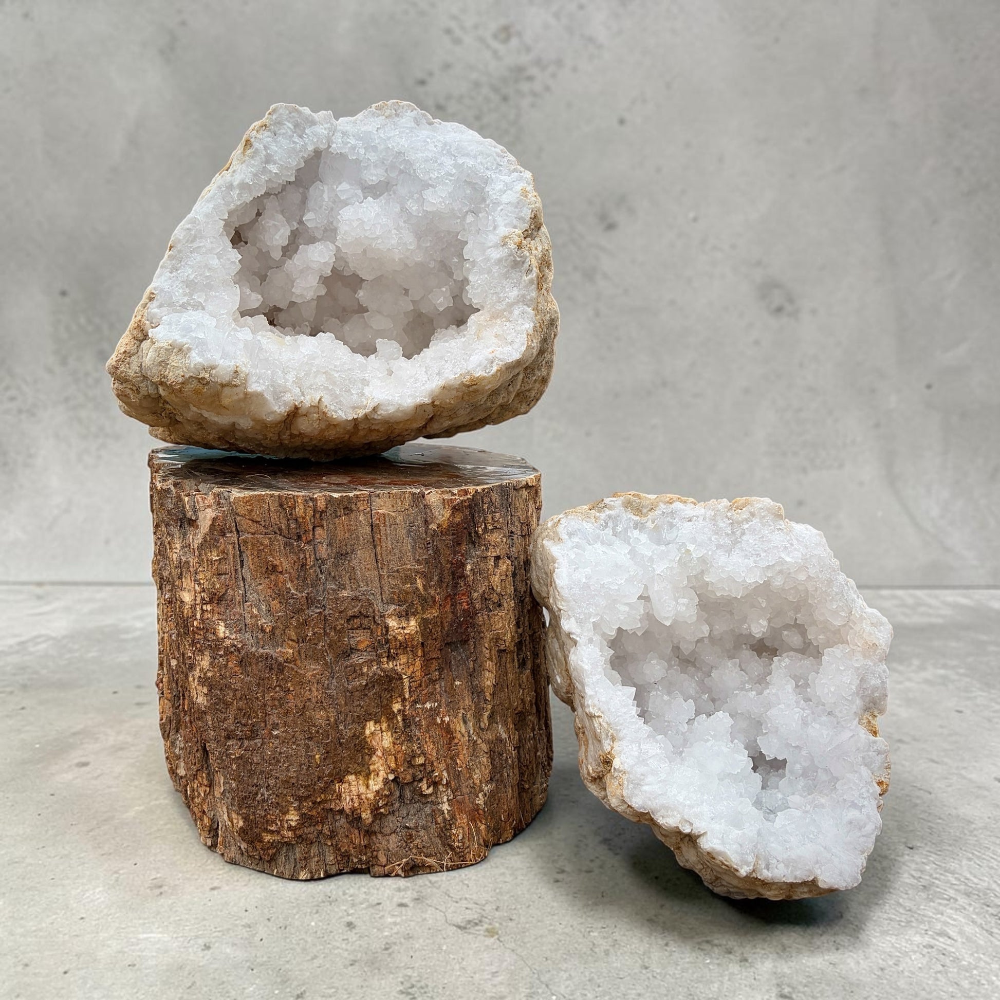 XL Moroccan quartz crystal geode pair with naturally sparkling quartz crystal interiors.