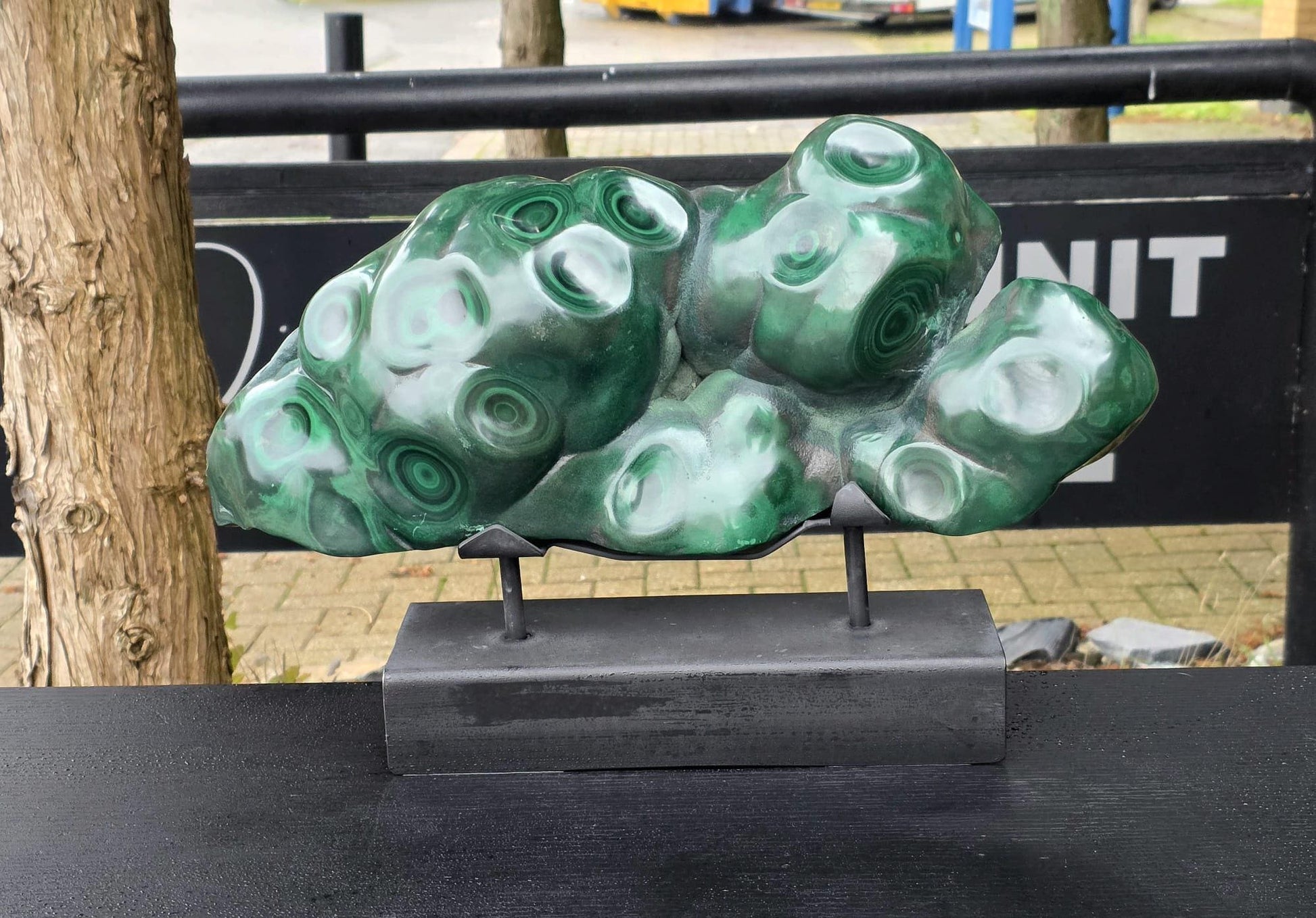 XL polished Malachite crystal freeform on custom stand, luxury interior décor piece