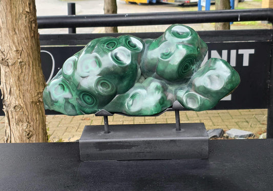 XL polished Malachite crystal freeform on custom stand, luxury interior décor piece