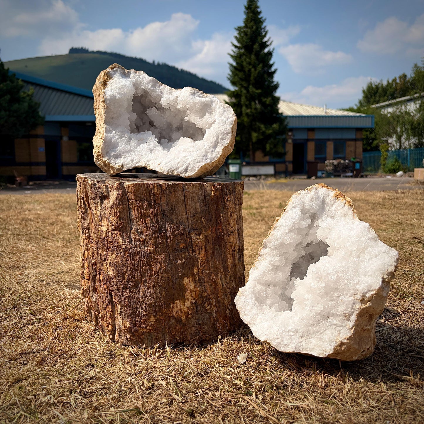 XL Quartz Crystal Geode Pair with sparkling natural quartz crystals from Morocco.

