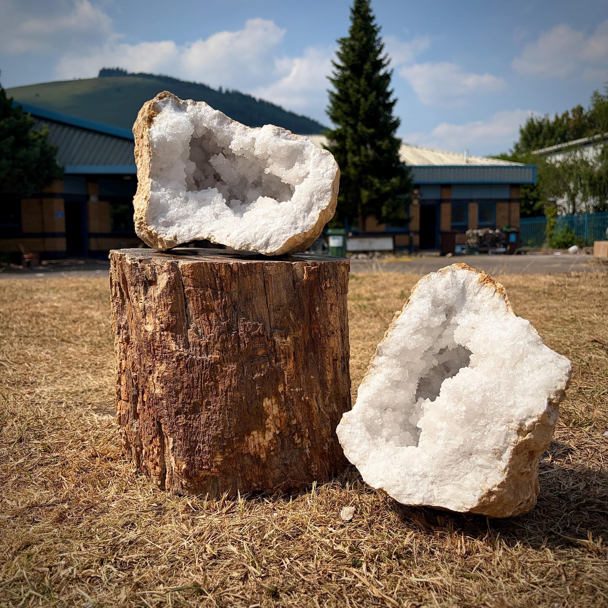 XL Quartz Crystal Geode Pair with sparkling natural quartz crystals from Morocco.
