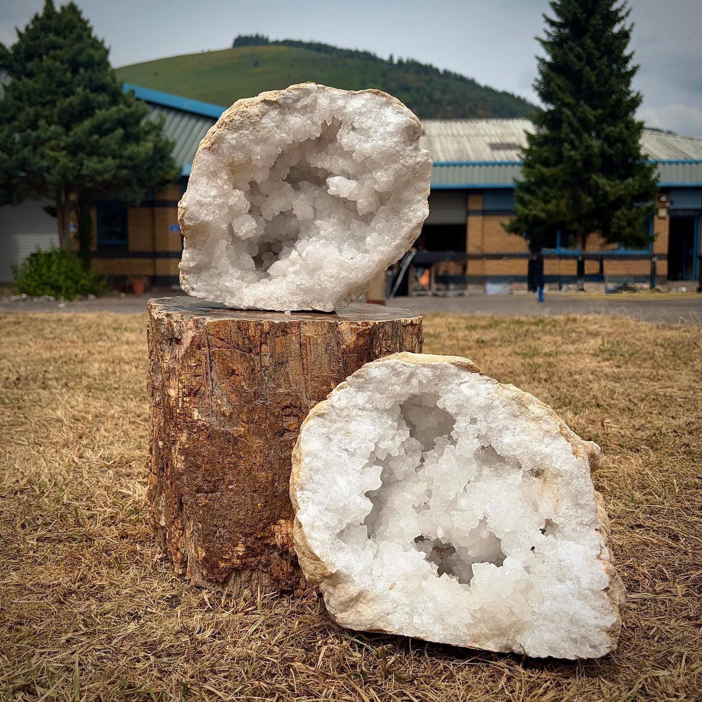 Large quartz geode pair opened to reveal matching crystal-lined interiors.