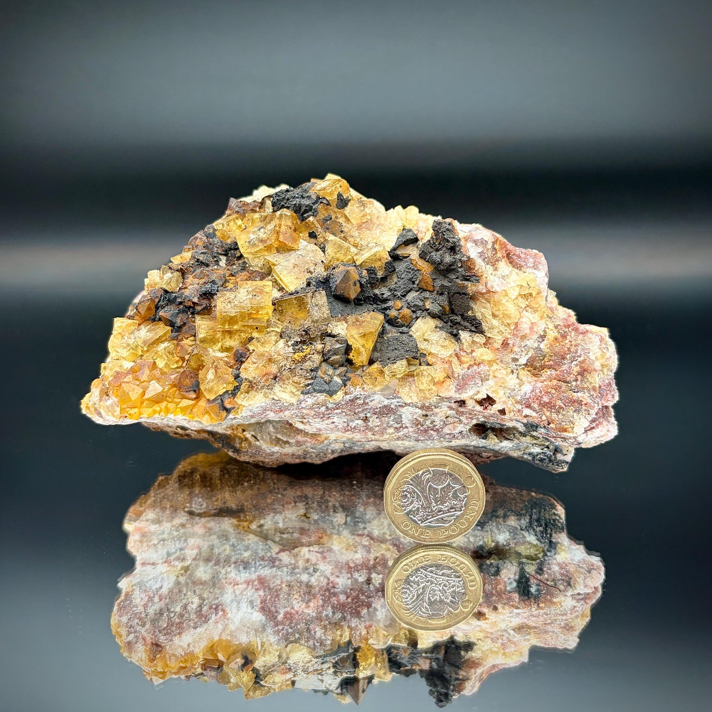 UV reactive Golden Fluorite mineral specimen.