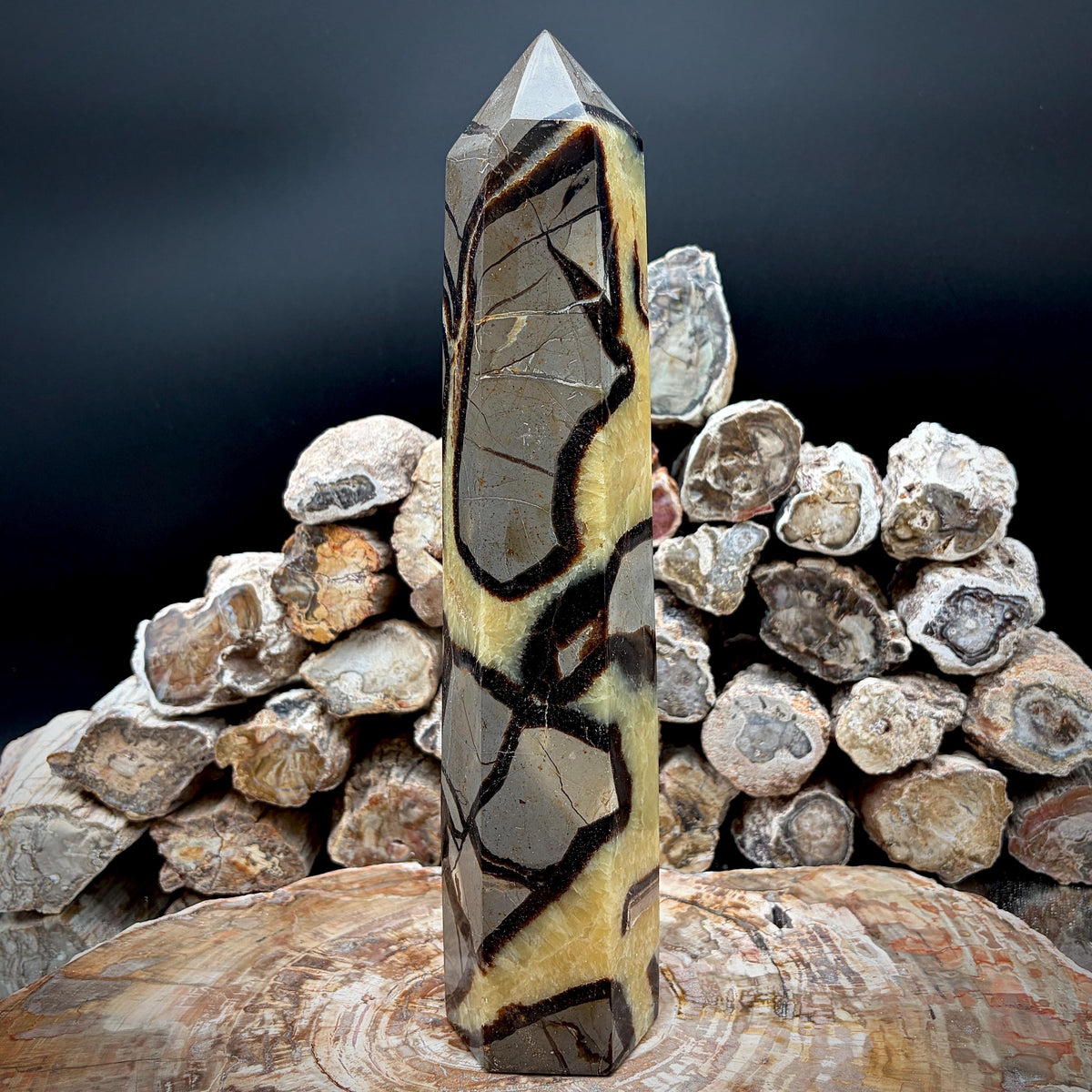 Yellow Septarian tower styled as statement home decor