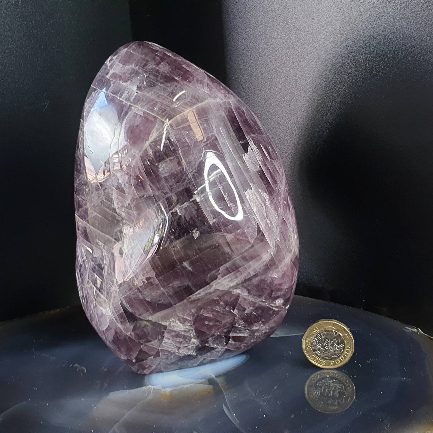 A beautiful large freestanding Anhydrite crystal.  Handcrafted and polished by artisans in Madagascar.