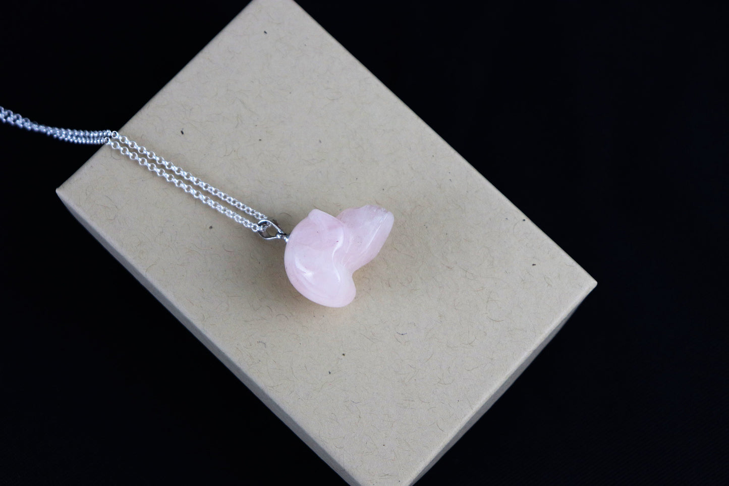 105e) Rose Quartz Skull Crystal Necklace Pendant + Silver Chain