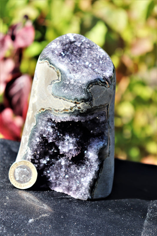 AMu78) Black Amethyst Crystal Geode Purple Free Standing Quartz Great Gift
