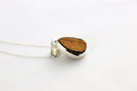 77e) Tiger Eye 925 Silver Set Raw Crystal Pendant + Chain / Necklace