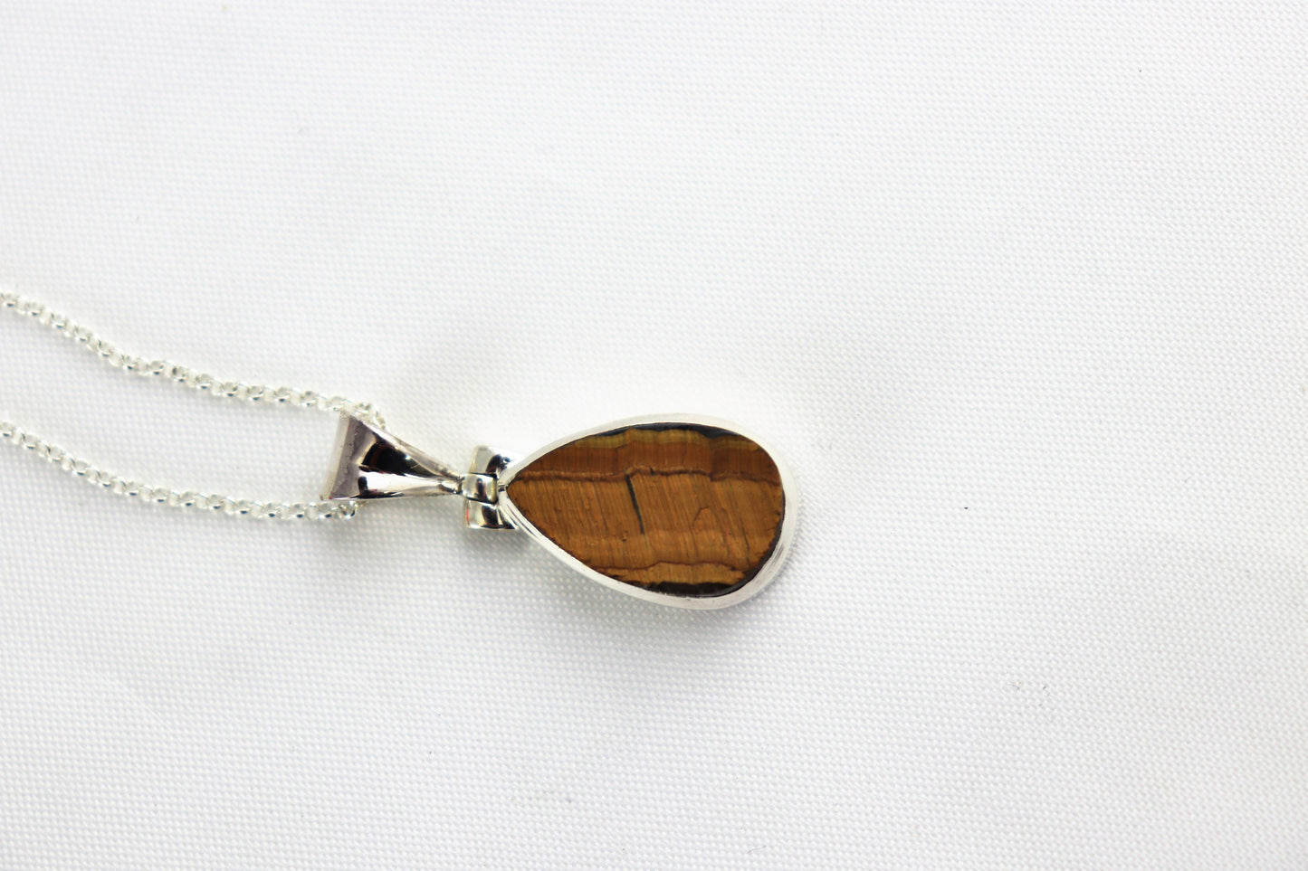 77e) Tiger Eye 925 Silver Set Raw Crystal Pendant + Chain / Necklace