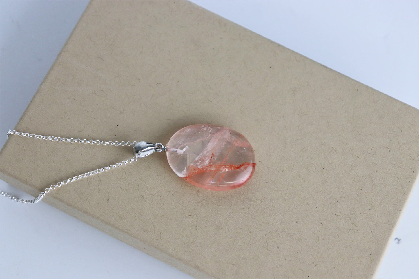 259) Hematoid Quartz Crystal Necklace Pendant + Silver Chain