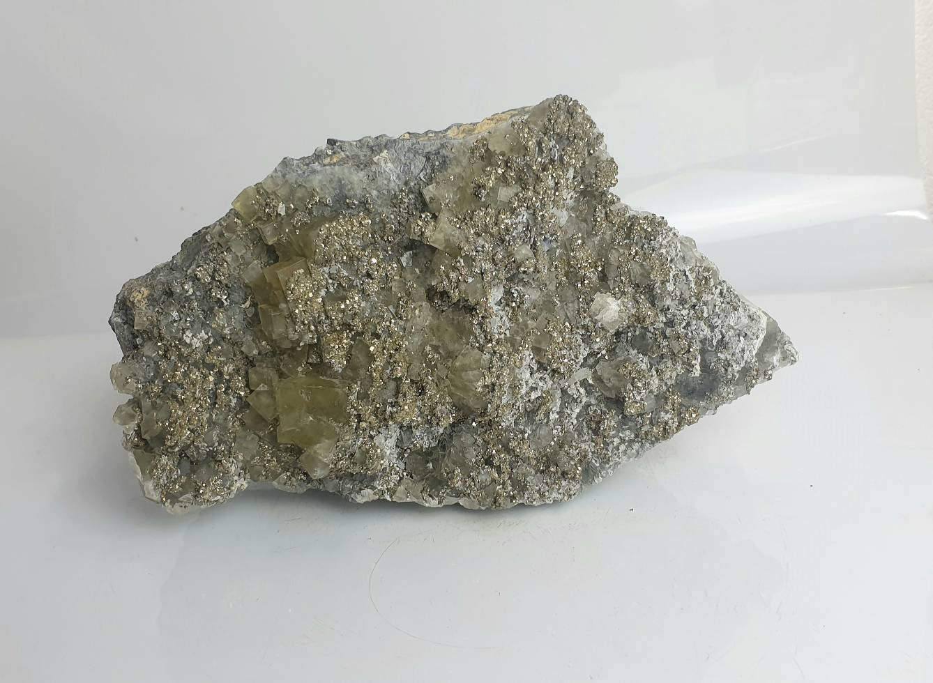 16) Large Fluorite Crystal + Pyrite Morocco
