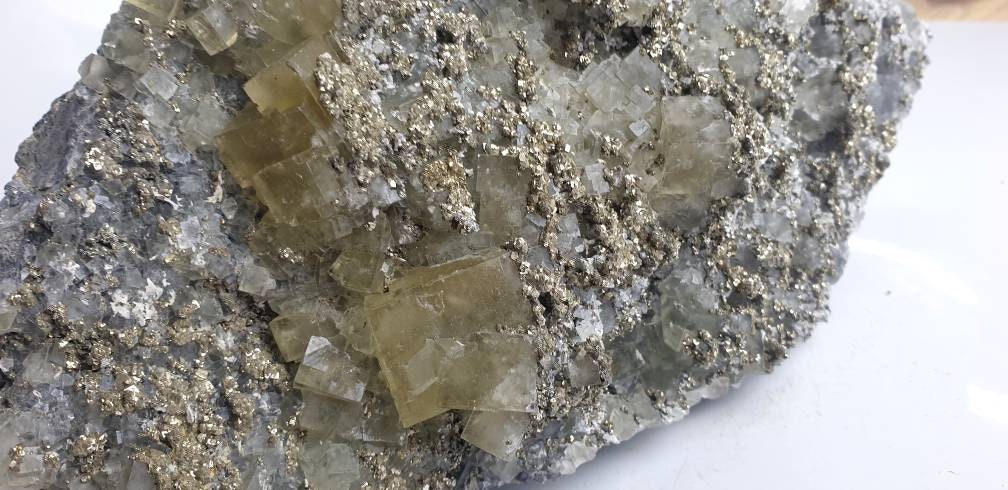 16) Large Fluorite Crystal + Pyrite Morocco