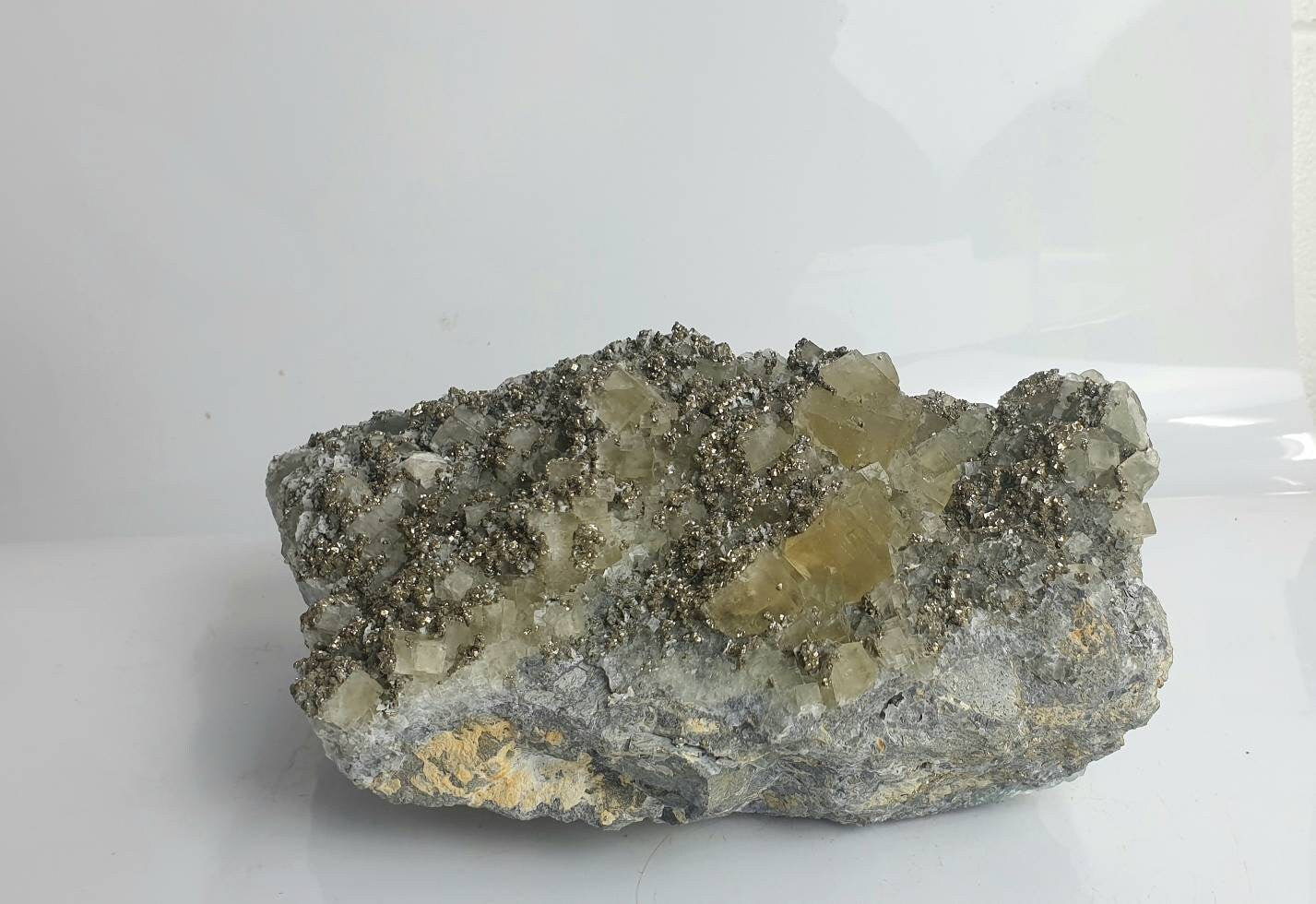 16) Large Fluorite Crystal + Pyrite Morocco
