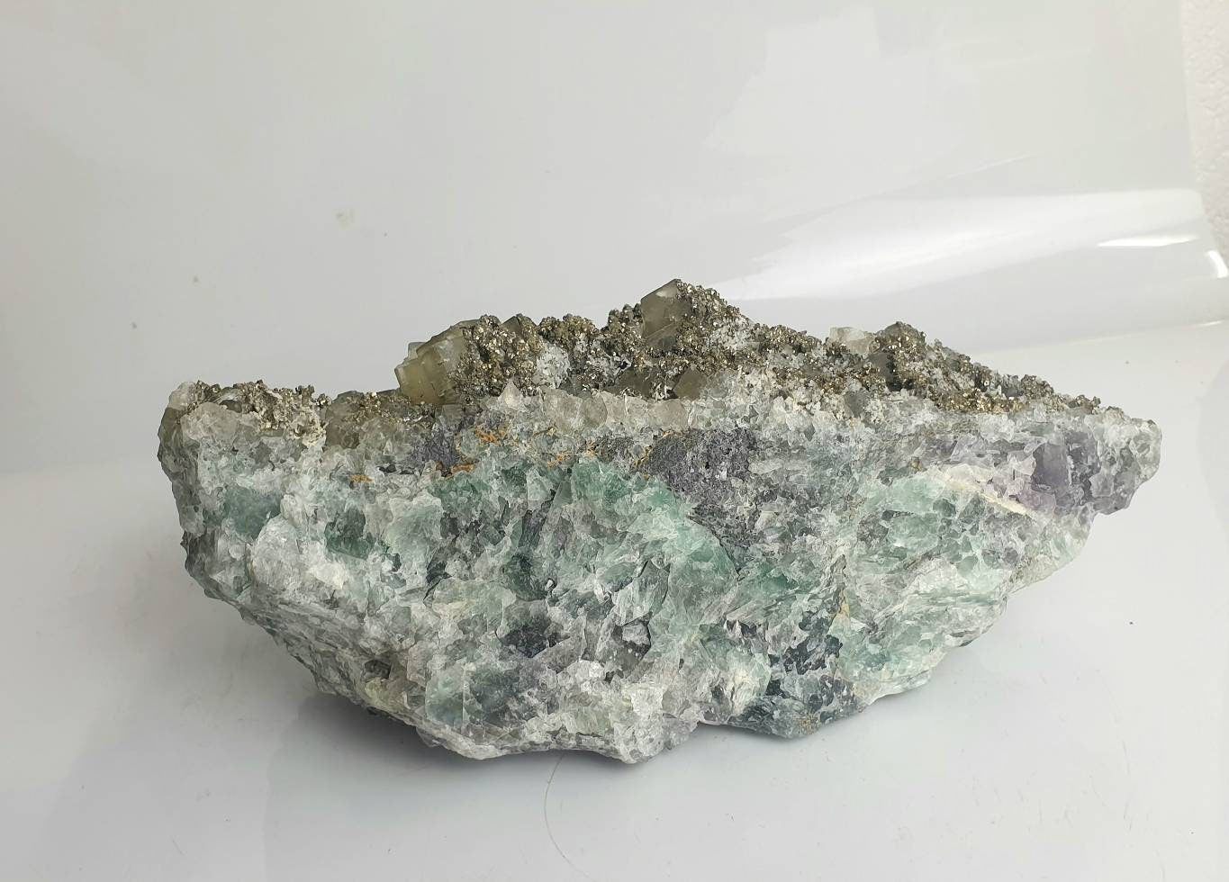 16) Large Fluorite Crystal + Pyrite Morocco