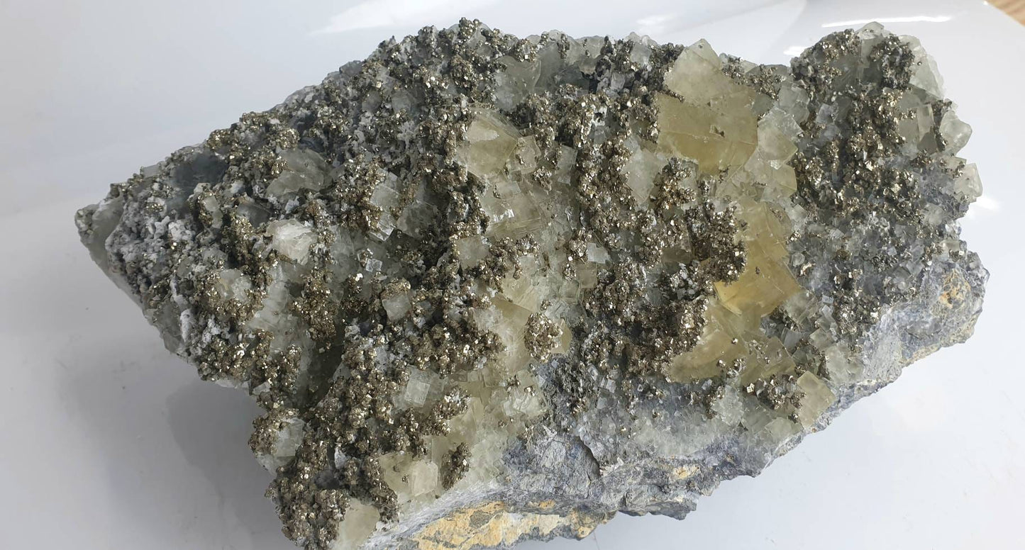 16) Large Fluorite Crystal + Pyrite Morocco