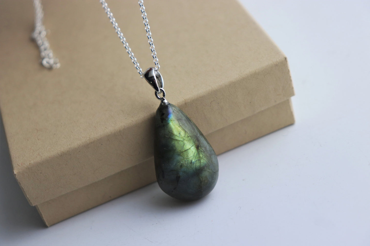 172) Labradorite Crystal Necklace Pendant + Silver Chain