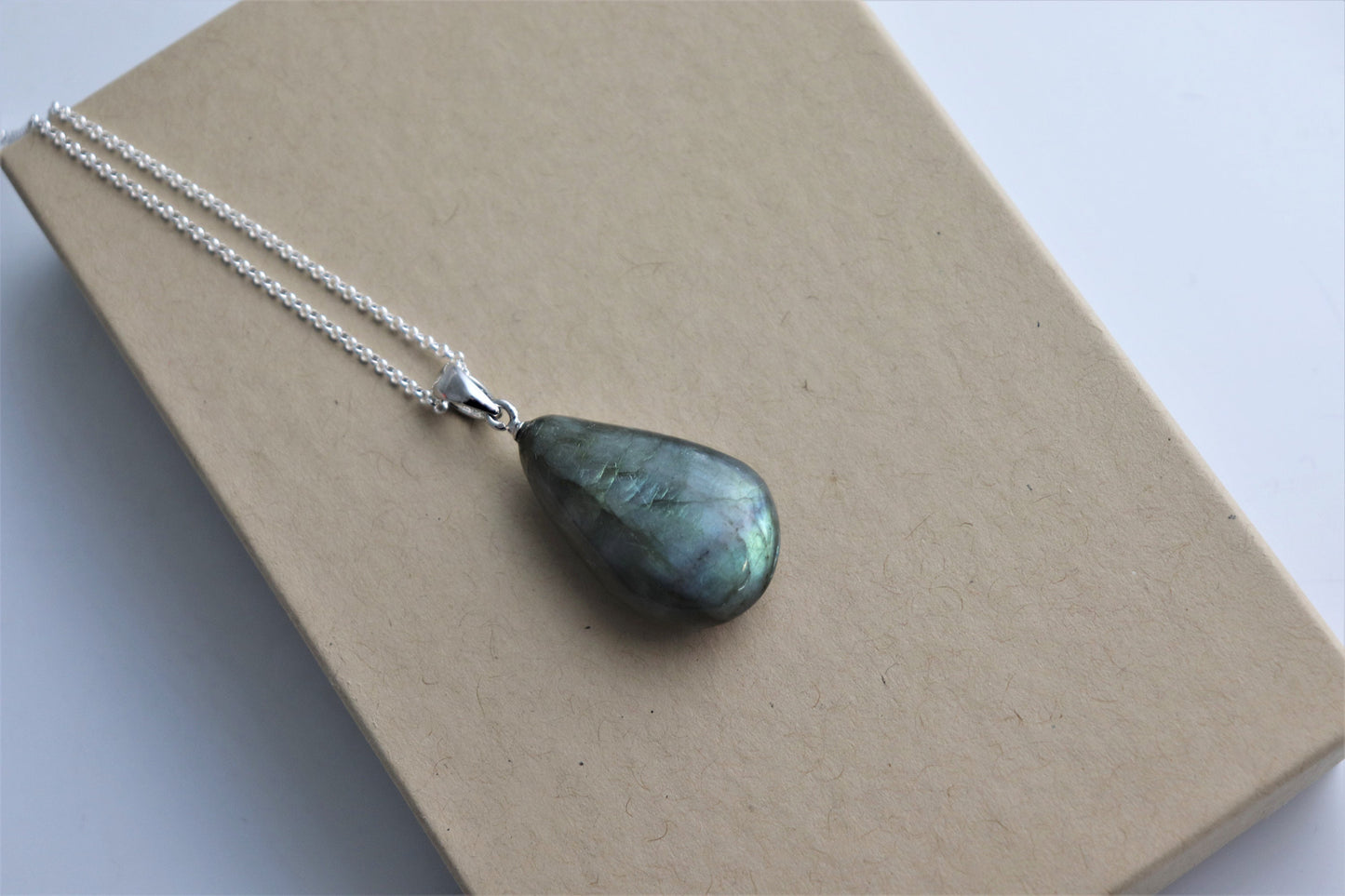 172) Labradorite Crystal Necklace Pendant + Silver Chain