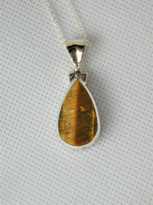 59e) 925 Silver Set Raw Tiger Eye Crystal Pendant + Silver Chain / Necklace