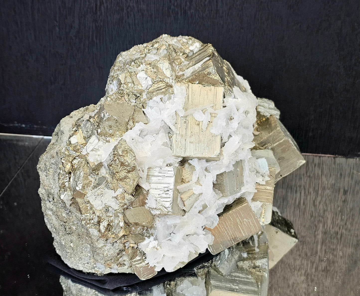 Very Large Pyrite Crystal Cubic Cluster With Mangano Calcite